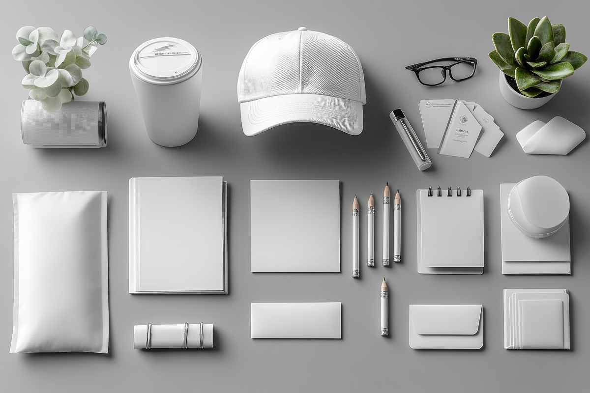 White promotional products on a grey table in El Paso.